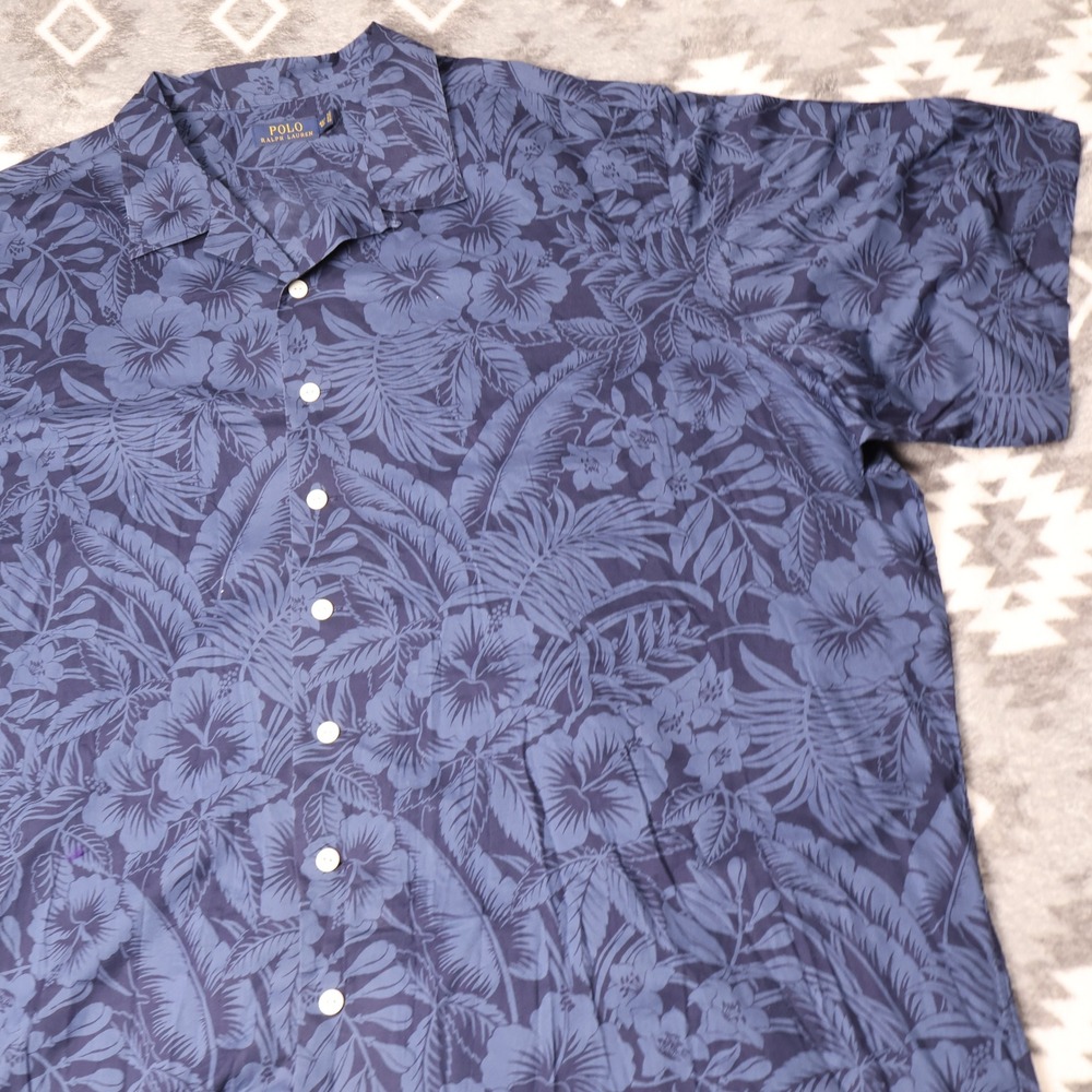 Polo Ralph Lauren Blue Floral Hibiscus Tropical Shirt 4XLT Tall Loop Collar